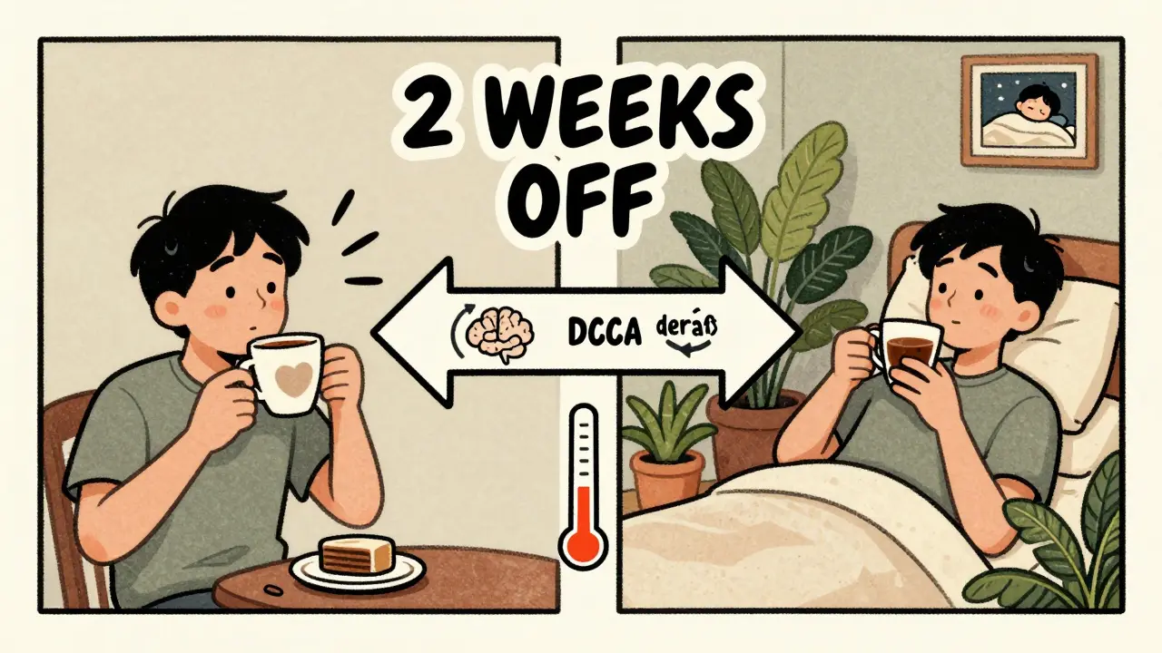 Ciclo di due settimane di caffè e due di decaffeinato, con cortisolo che si calma e sonno migliore.