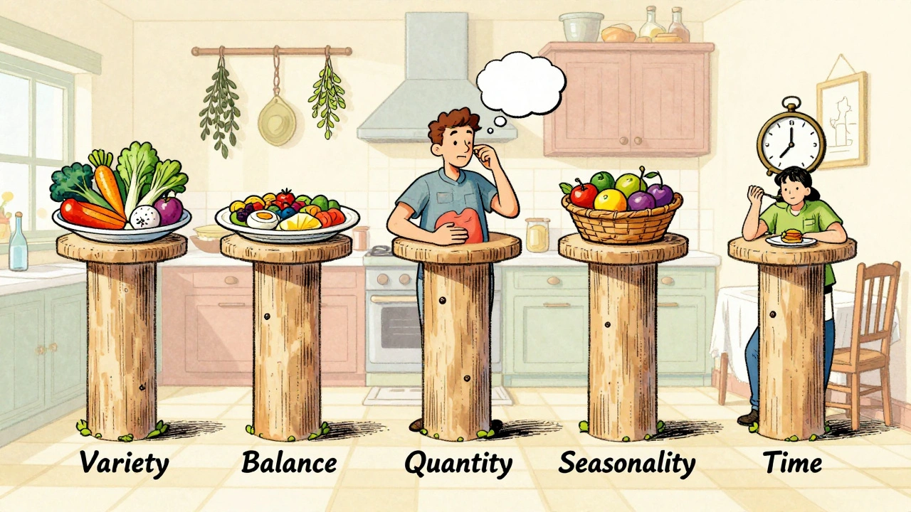 Cinque pilastri cartoon che sostengono scene di alimentazione sana: varietà, equilibrio, quantità, stagionalità e tempo.