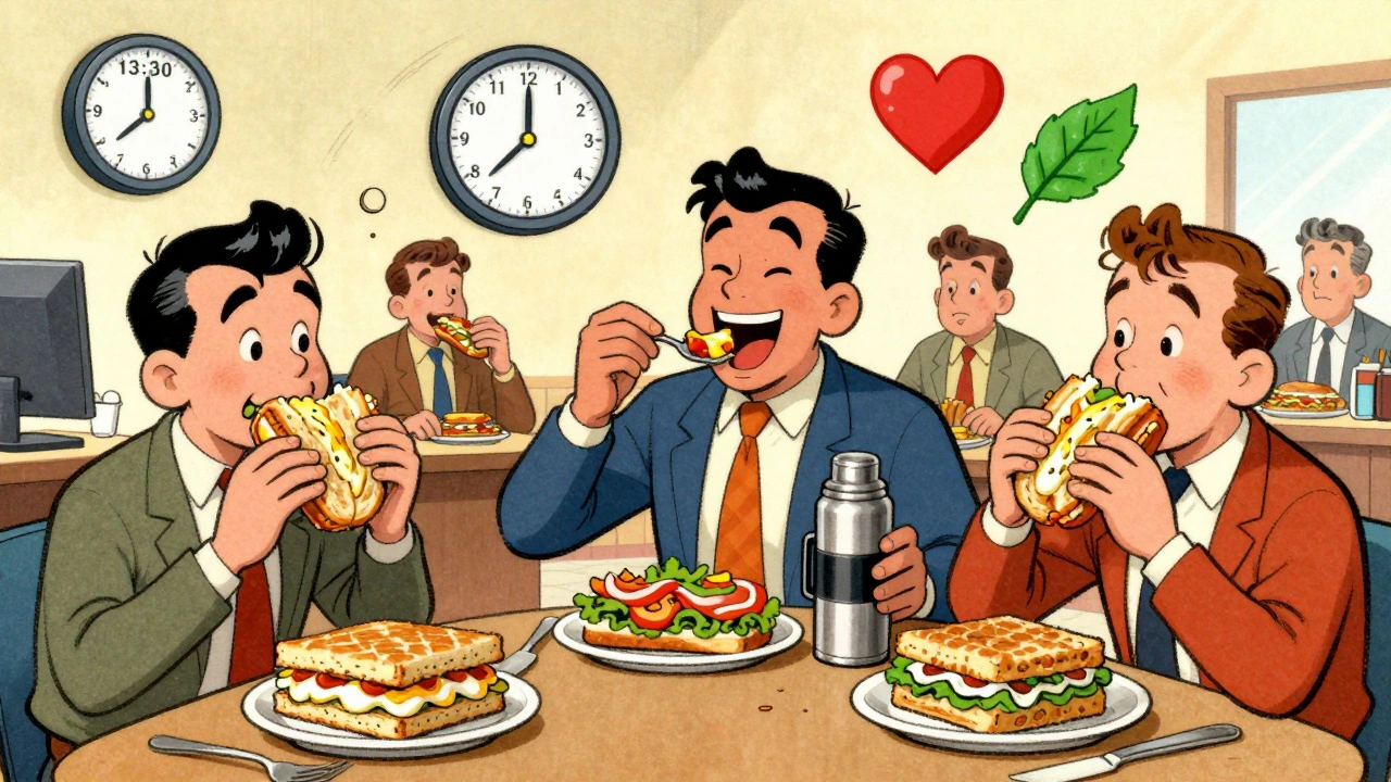 Colleghi in ufficio che mangiano cibo spazzatura, mentre uno gode di un pasto sano con simboli di salute intorno.