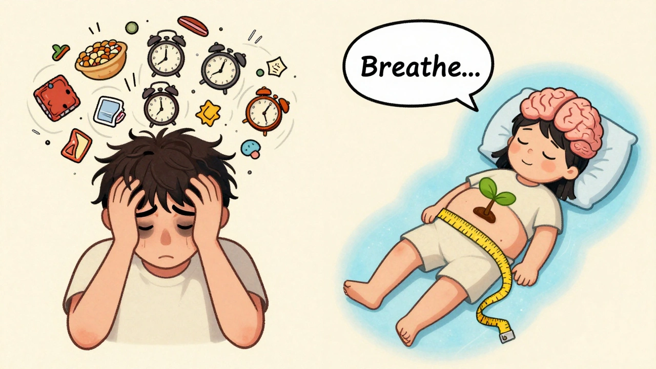 Confronto cartoon tra persona stressata e persona serena, con simboli di calma e perdita di peso.