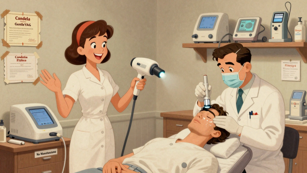 Confronto tra centro illegale e clinica seria, in stile cartoon retrò.