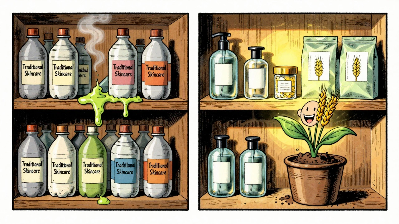 Confronto tra imballaggi tradizionali inquinanti e imballaggi sostenibili su due scaffali.