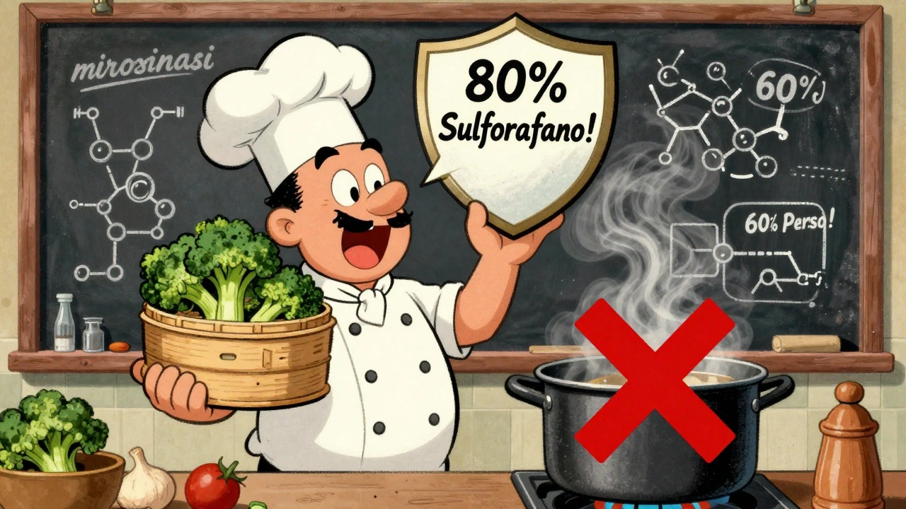 Cucina con cuoco che steama broccoli, vapore a forma di scudo, pentola bollente con croce rossa.