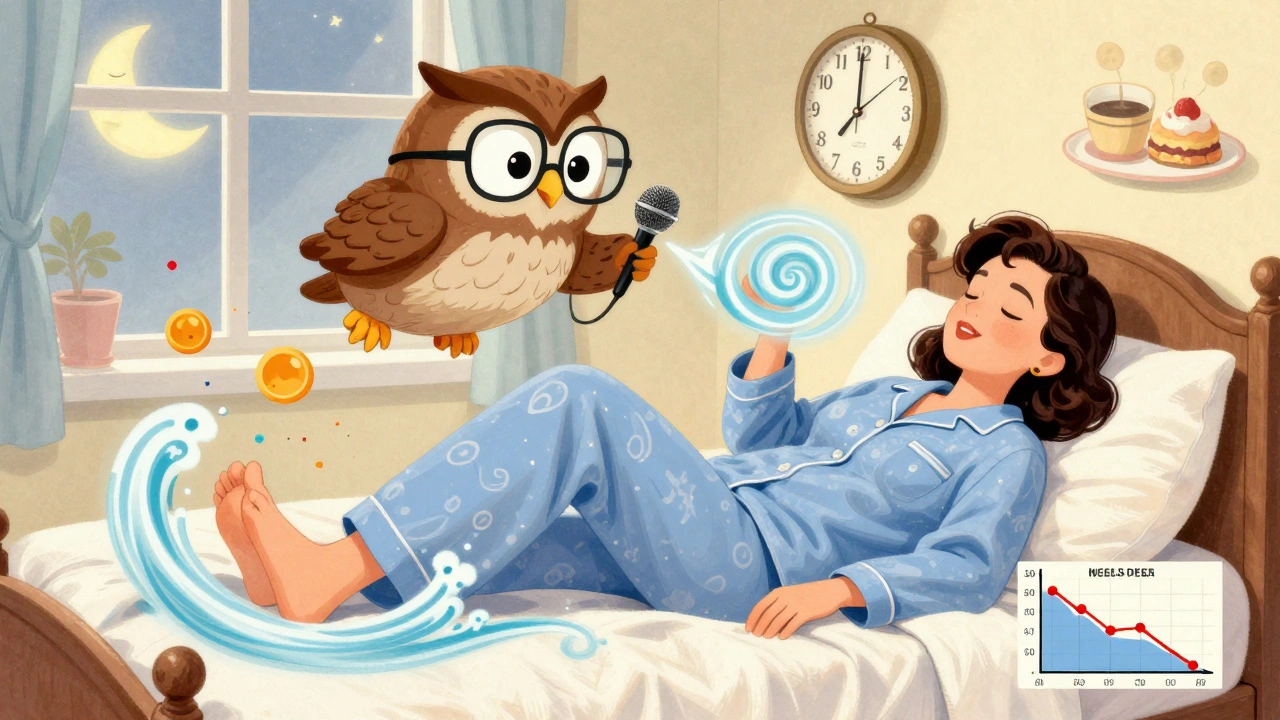 Donna che medita guidata da un gufo cartoon, con onde di calma che rilassano il corpo e grasso che scompare.
