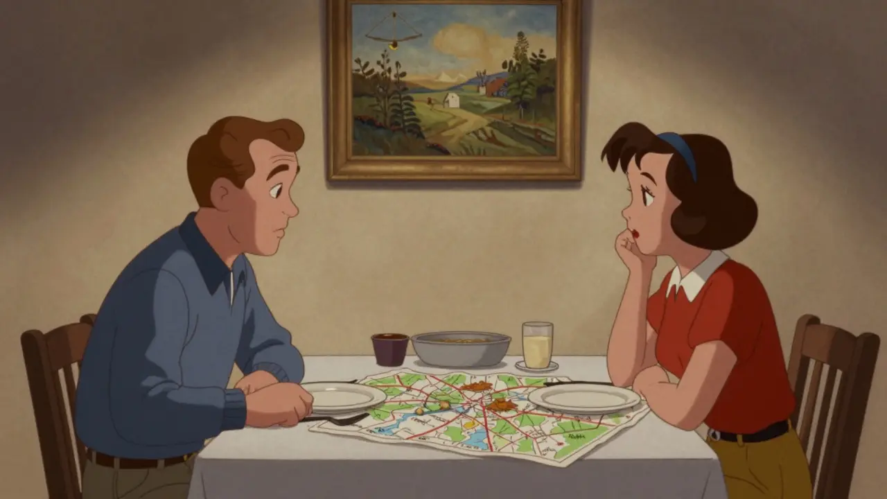 Due persone a tavola che parlano di un libro e una mappa, ignorando i piatti, in un'atmosfera serena.