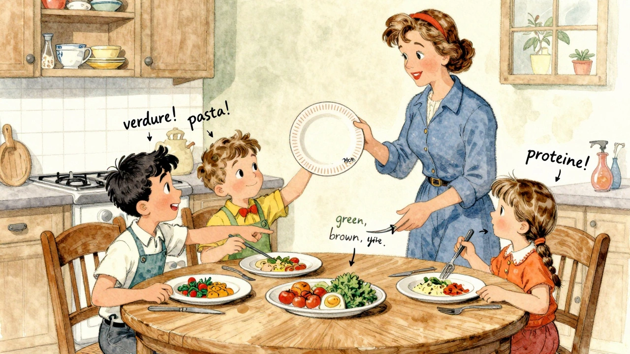 Famiglia italiana a tavola che divide il cibo in porzioni colorate con gesti giocosi.