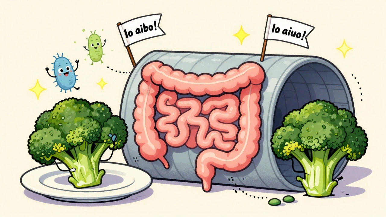 Intestino a forma di tunnel con batteri amichevoli che trasformano verdure in stelle luminose.