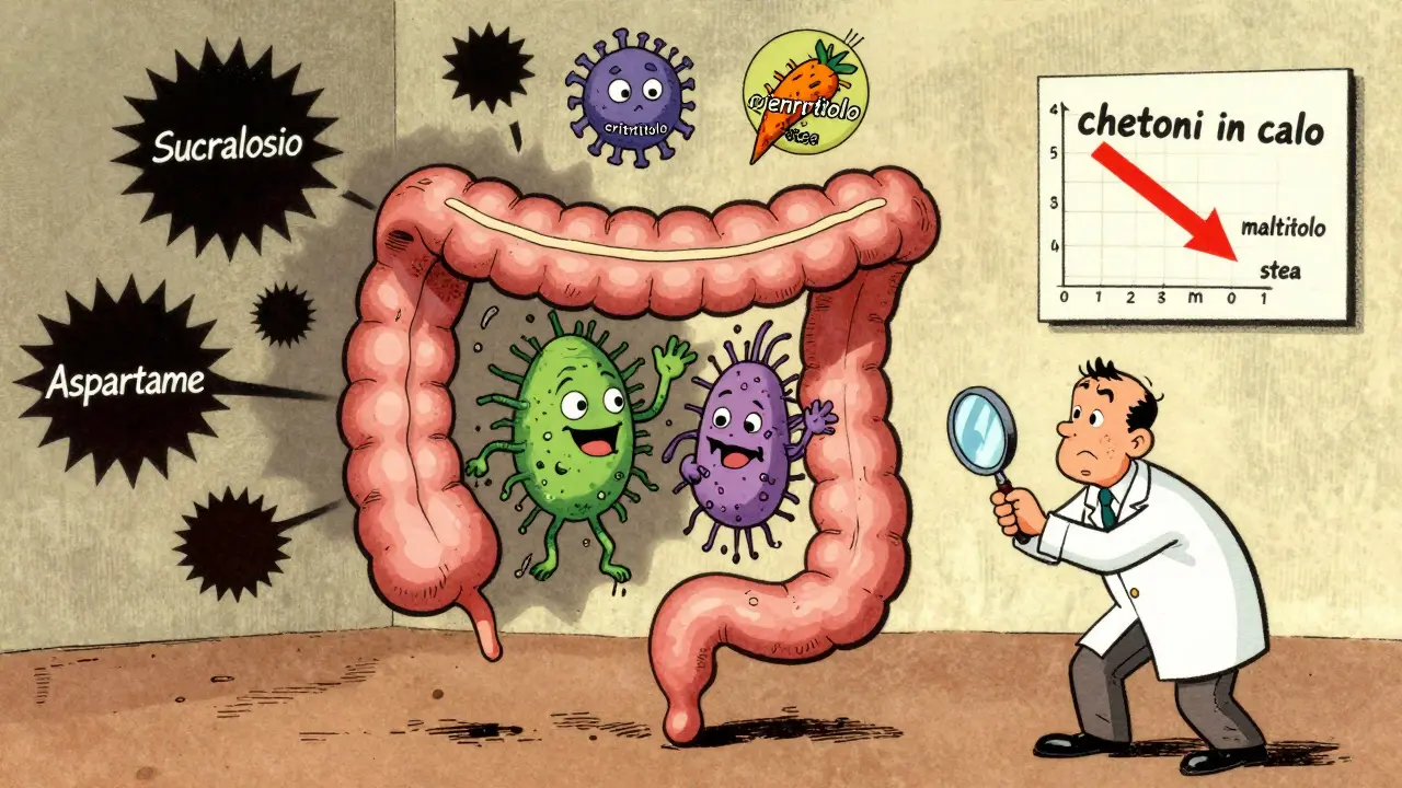 Intestino cartoon con batteri benefici che salutano mentre dolcificanti artificiali li spaventano, con grafico dei chetoni in calo.