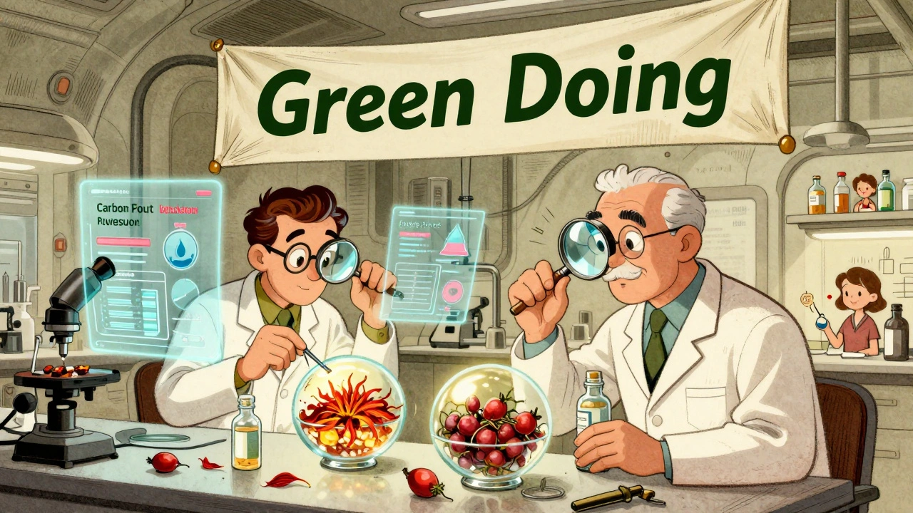 Laboratorio cosmético futuristico con ingredienti fermentati e tecnologia AI in stile fumetto vintage.