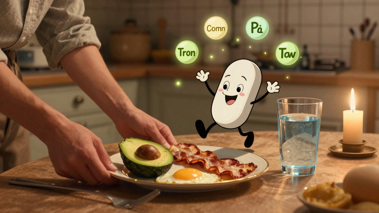 Persona che cena con cibi chetogenici e una pillola di magnesio che salta nel bicchiere, in stile cartoon vintage.