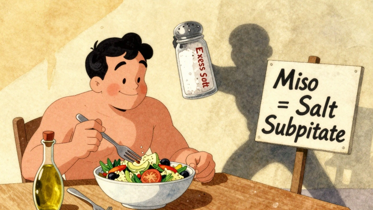 Persona che mangia insalata con miso, mentre una figura simbolo del sale eccessivo viene bloccata.