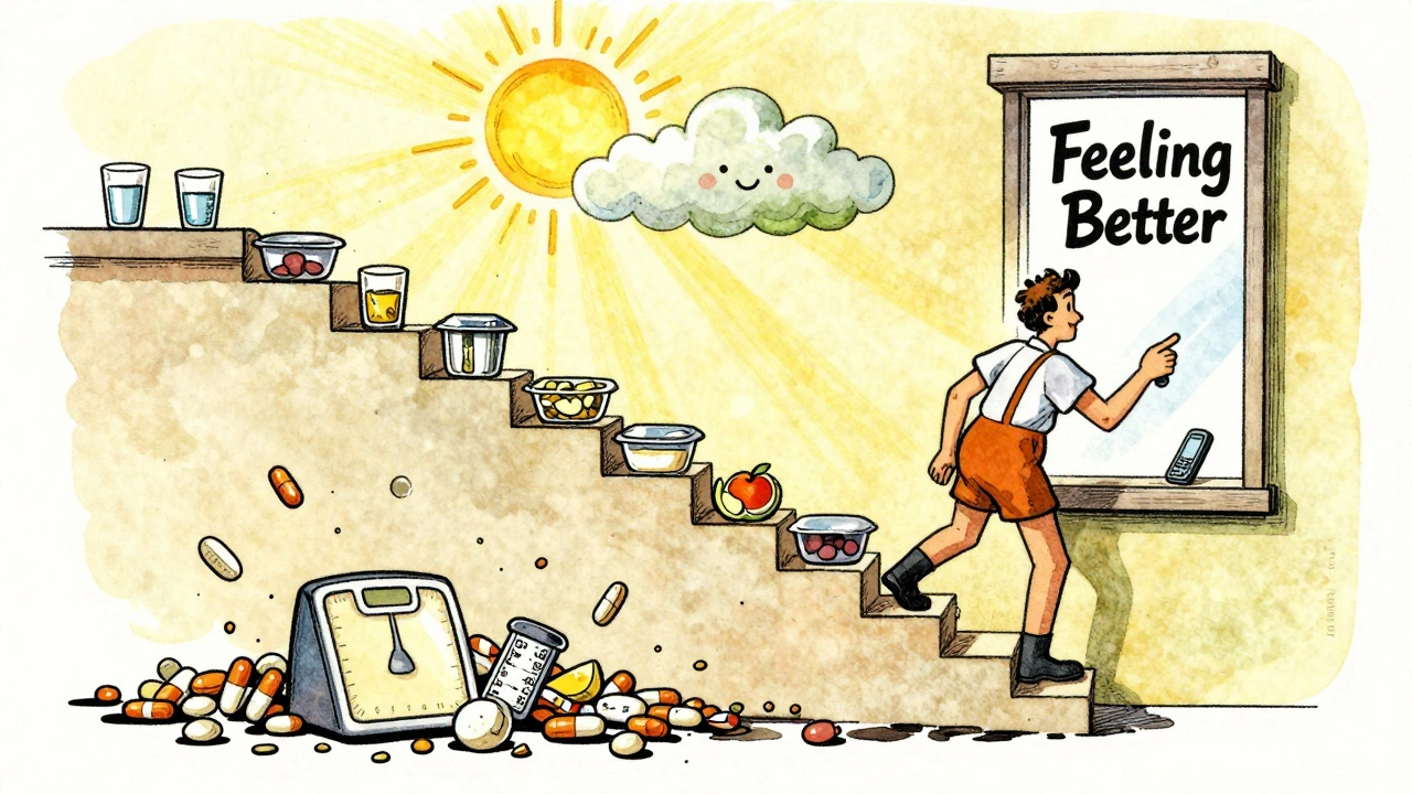 Persona che sale una scala di piccole abitudini verso una finestra luminosa, mentre le diete fallite cadono in polvere.