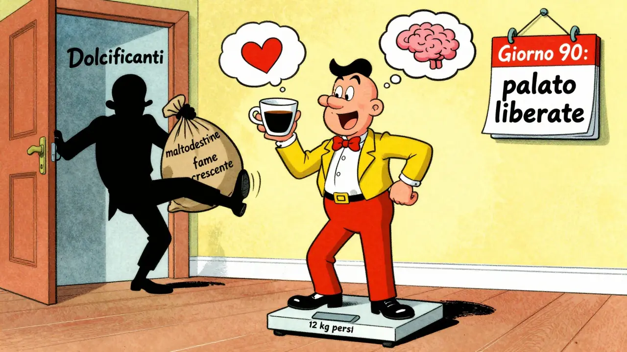 Persona felice con caffè nero, dolcificanti cacciati via, calendario che segna 90 giorni senza zuccheri artificiali.