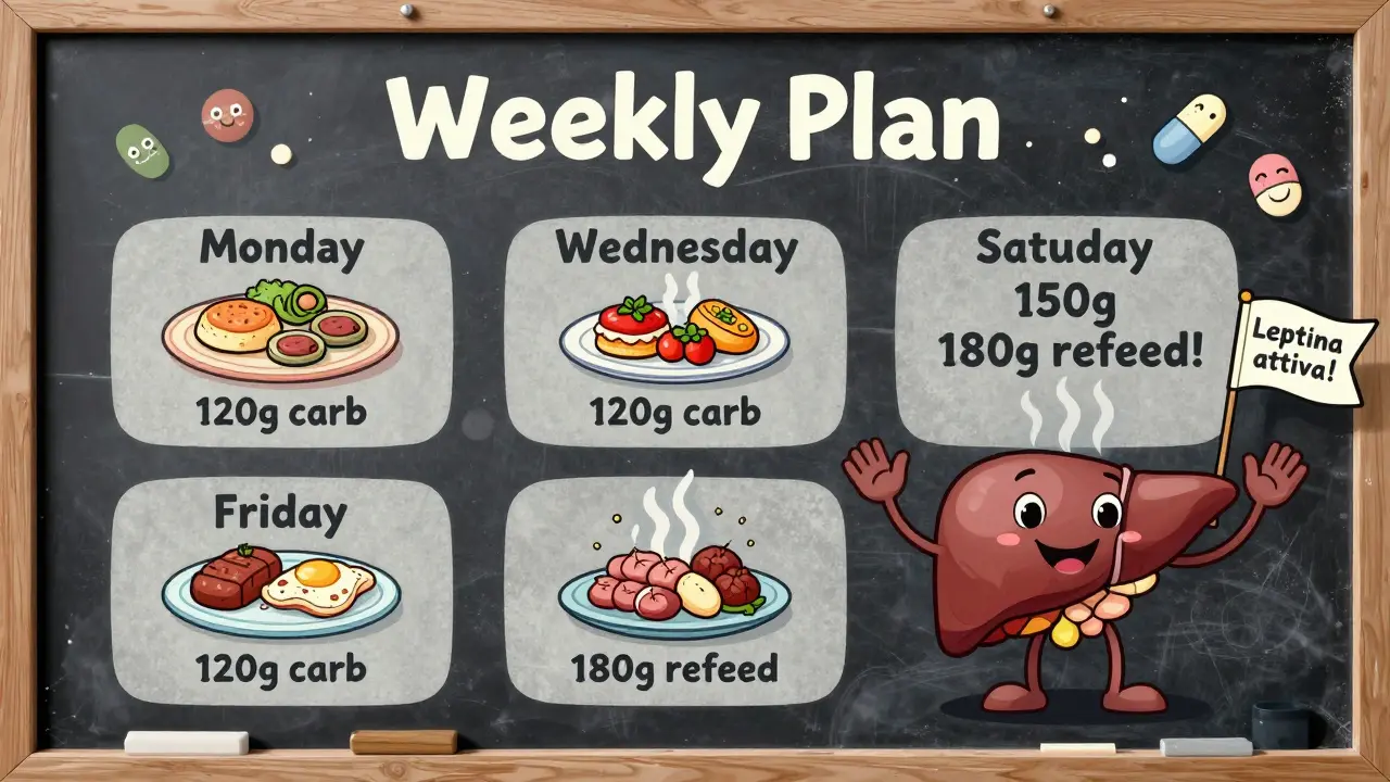 Piano alimentare settimanale con pasti che aumentano i carboidrati, con organi che festeggiano, in stile fumetto vintage.
