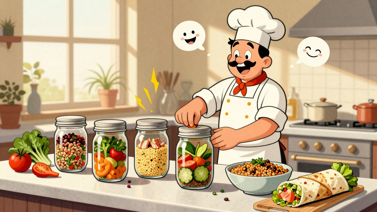 Preparazione settimanale di cinque pasti sani in barattoli colorati su un bancone da cucina.