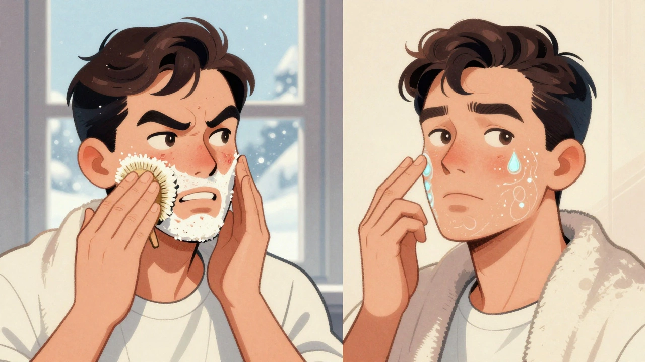 Scena a due parti: a sinistra pelle irritata da scrub aggressivo, a destra pelle sana con sieri nutrienti e luce calda.