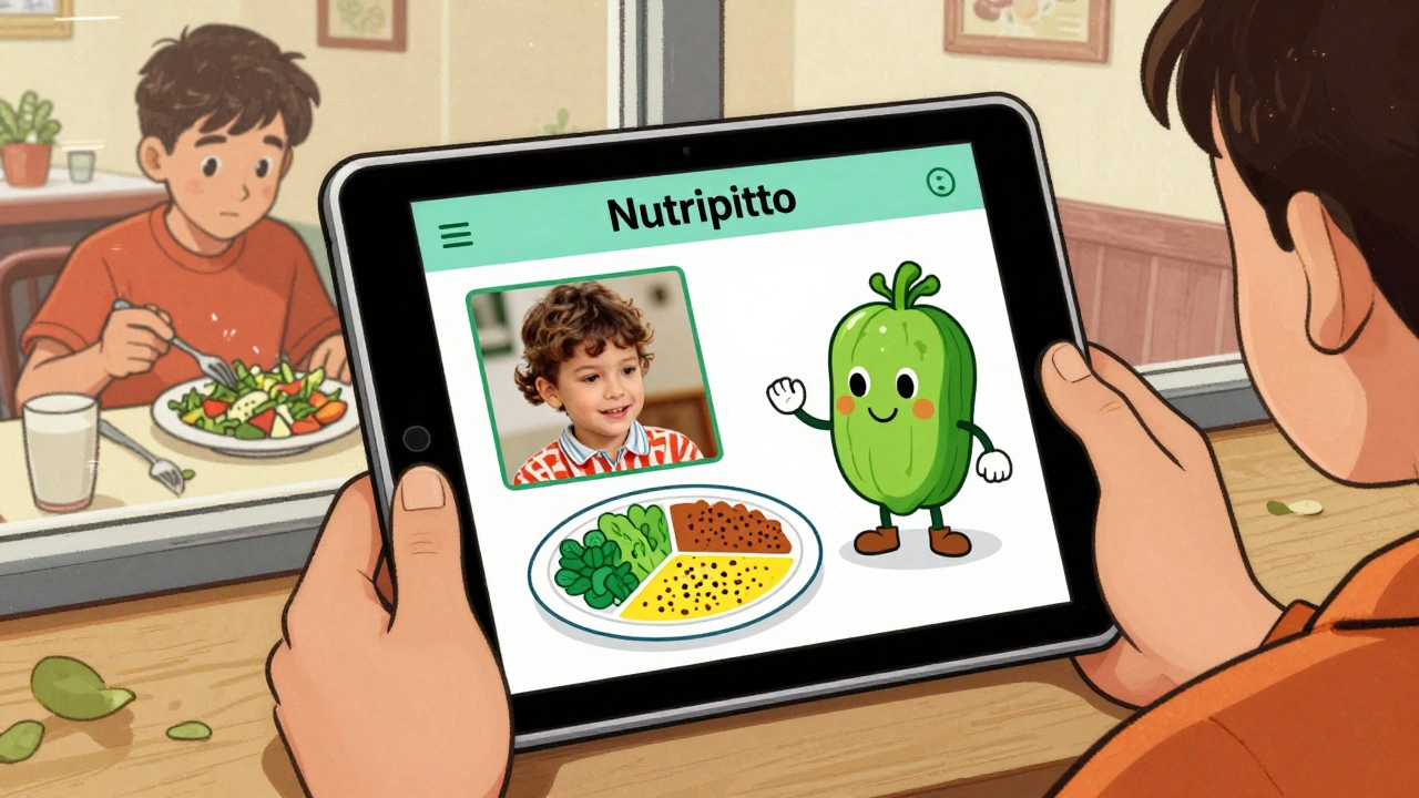 Schermo di un&#039;app che analizza un piatto con un personaggio AI a forma di verdura.