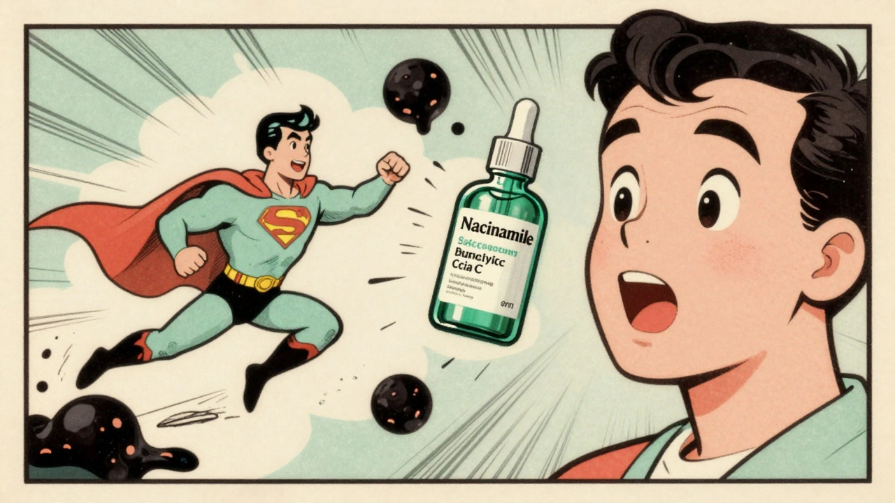 Siero skincare che combatte impurità in stile fumetto vintage, con personaggi antropomorfi.