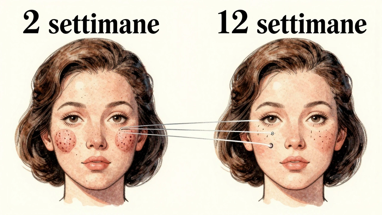 Trasformazione della pelle nel tempo: da pori aperti a pelle liscia, illustrazione cartoon retro.