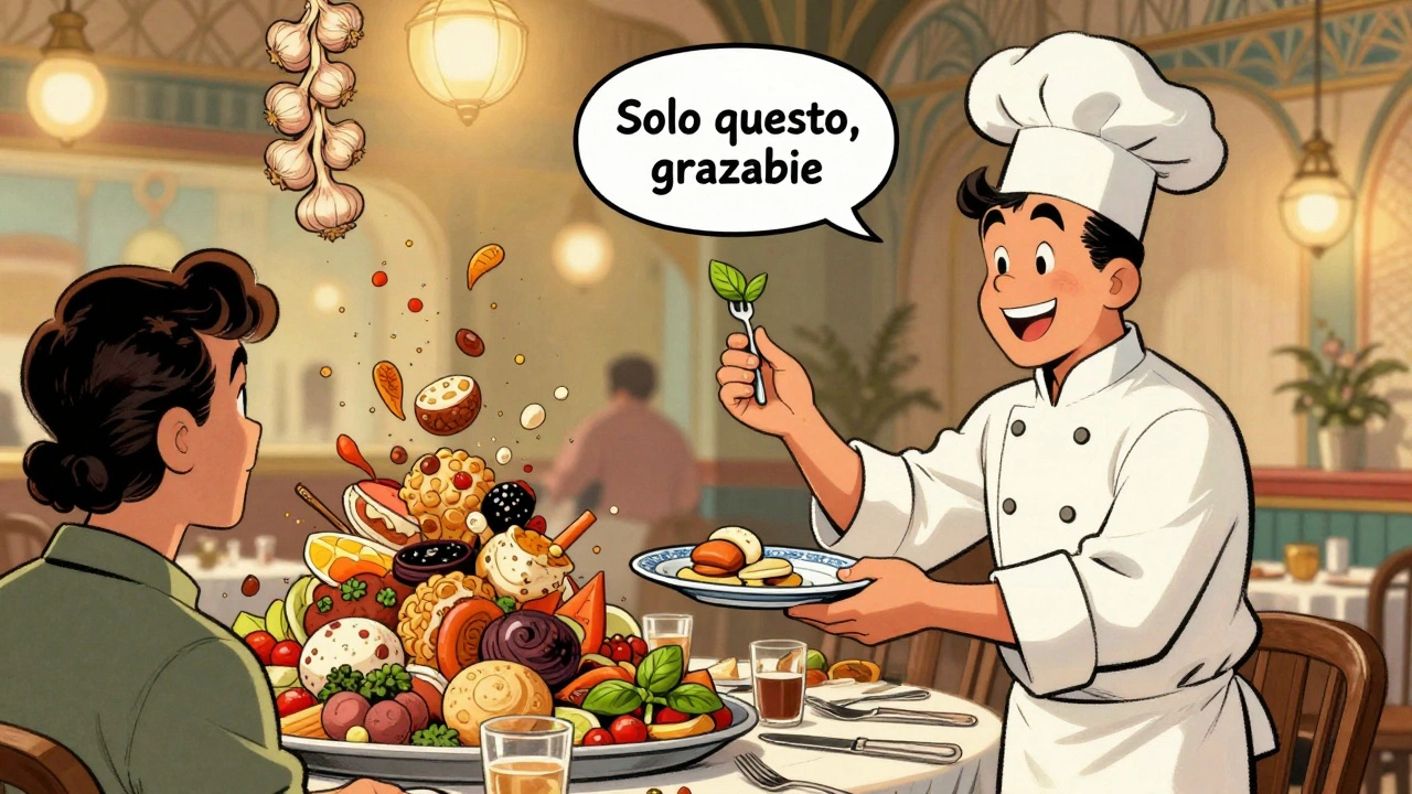 Un cliente accetta una piccola porzione dallo chef, rifiutando con sorriso il buffet sovrabbondante alle sue spalle.