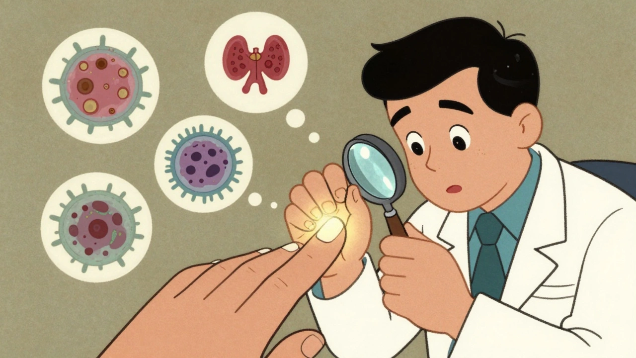 Un dermatologo esamina un&#039;unghia con una lente, mentre funghi e cellule immunitarie fluttuano nell&#039;aria.