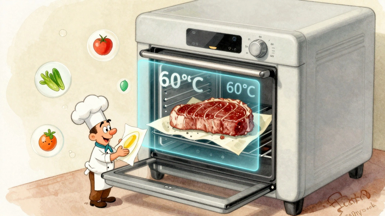 Un forno intelligente con il viso sorridente mostra un steak perfetto, mentre un cuoco usa carta da forno invece di olio, con simboli di nutrienti fluttuanti.