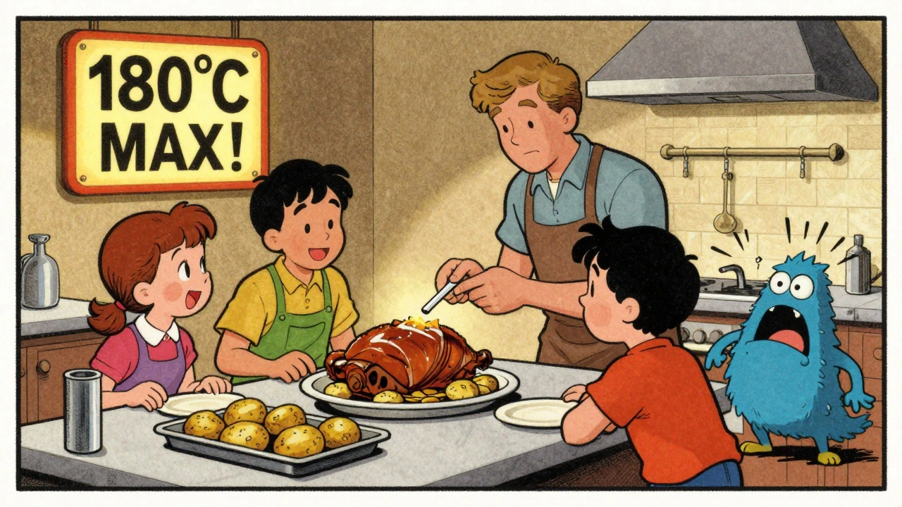 Una famiglia controlla la temperatura di un arrosto mentre un mostro chiamato 'acrilammide' scappa via, con patate e un cartello di avvertimento.