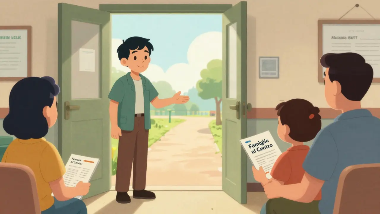 Una persona che entra in un centro di supporto, accolta da uno sguardo rassicurante, con un familiare che aspetta fuori.