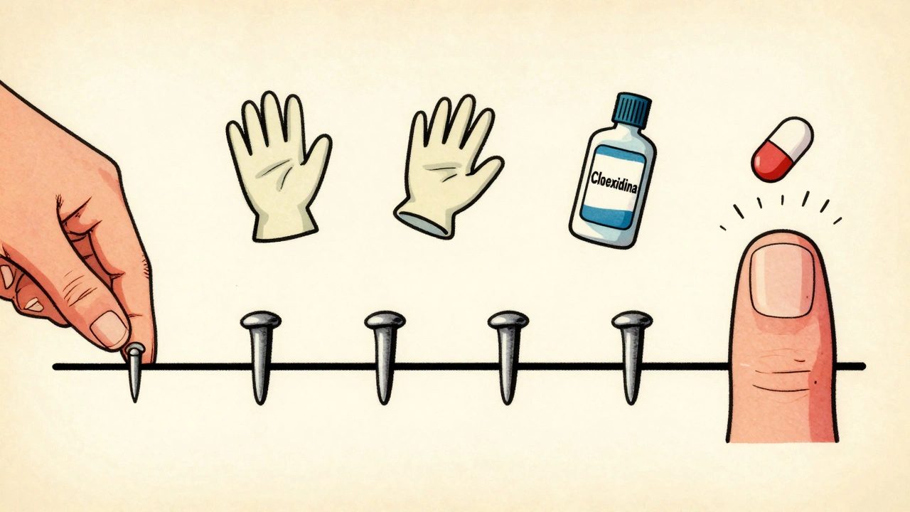 Una timeline cartoon mostra la ricrescita di un&#039;unghia in sei mesi, con simboli di protezione e cura.