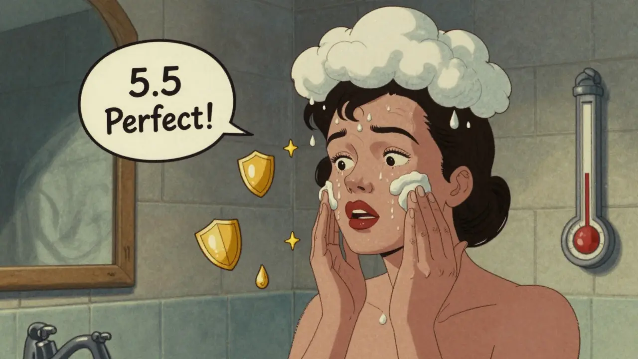 Applicazione serale di crema ricca su pelle umida, con simboli di idratazione e pH perfetto in stile cartoon vintage.