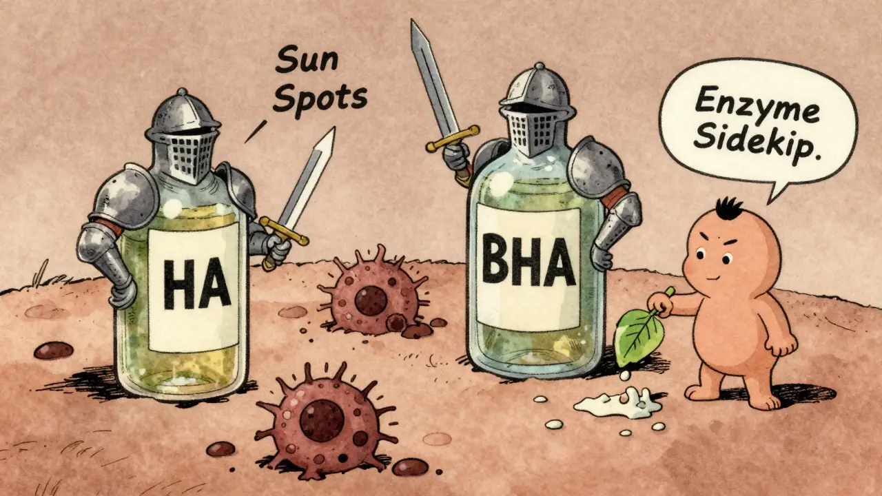 Cavalli acidi che combattono macchie scure sulla pelle, stile illustrazione anni '60.