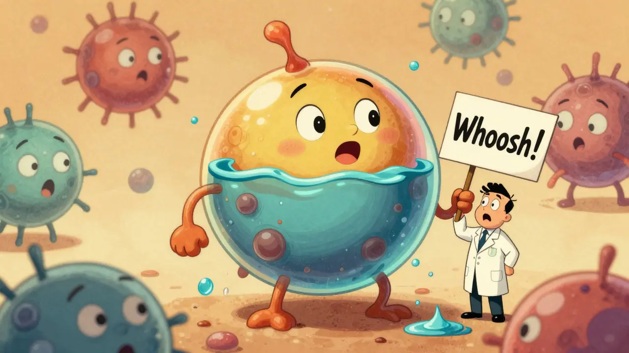 Cellula adiposa gonfia d'acqua che si sgonfia, con un personaggio che grida 'Whoosh!' in stile cartoon vintage.