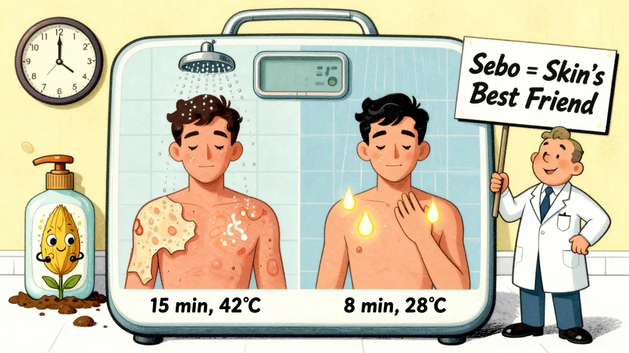 Confronto tra doccia troppo calda e doccia ideale, con pelle che si sfalda o si rigenera.