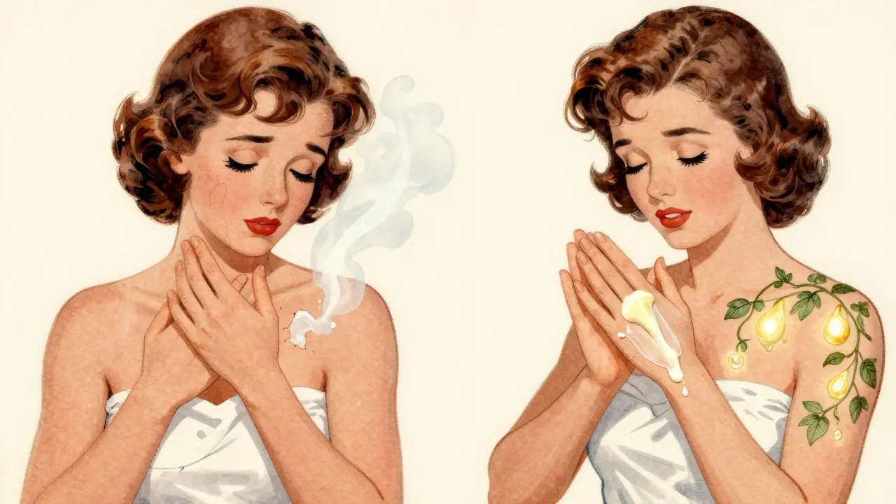 Confronto tra lozione che evapora e burro corpo che nutre la pelle con immagini simboliche.