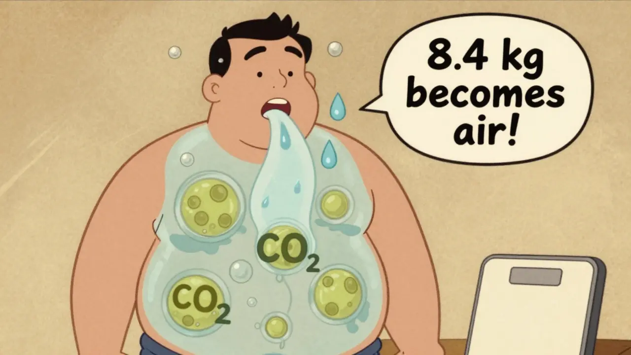 Corpo trasparente che trasforma il grasso in anidride carbonica e acqua, in stile fumetto degli anni '50.