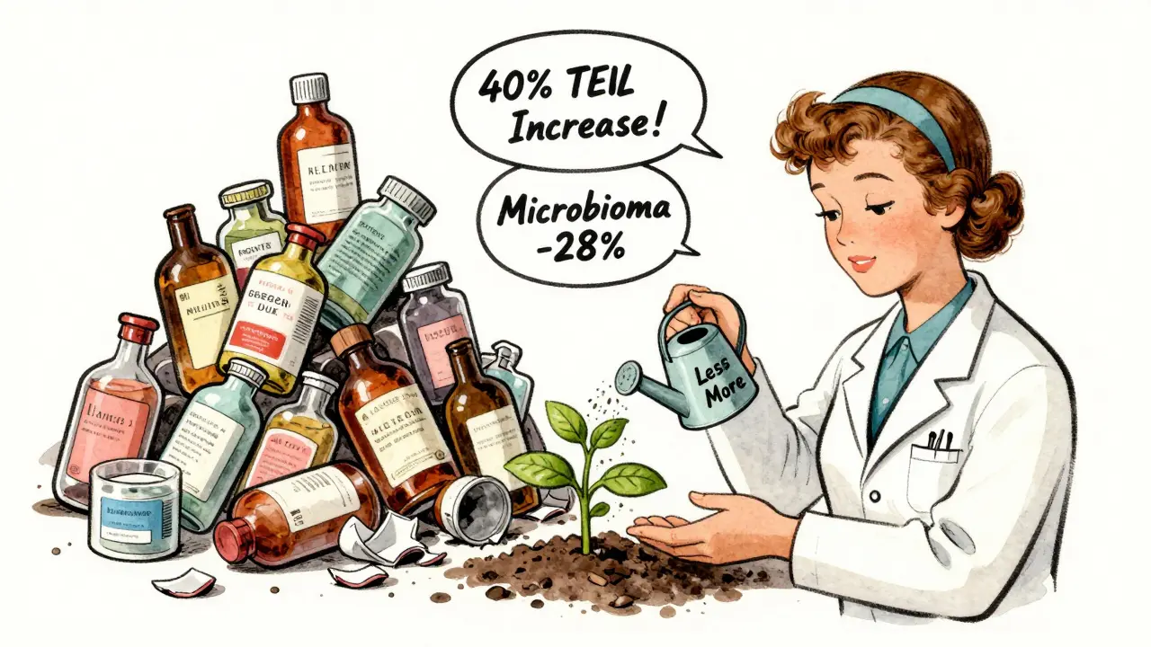 Dermatologa che idrata una pelle sana con pochi prodotti, mentre un cumulo di flaconi crolla alle sue spalle.