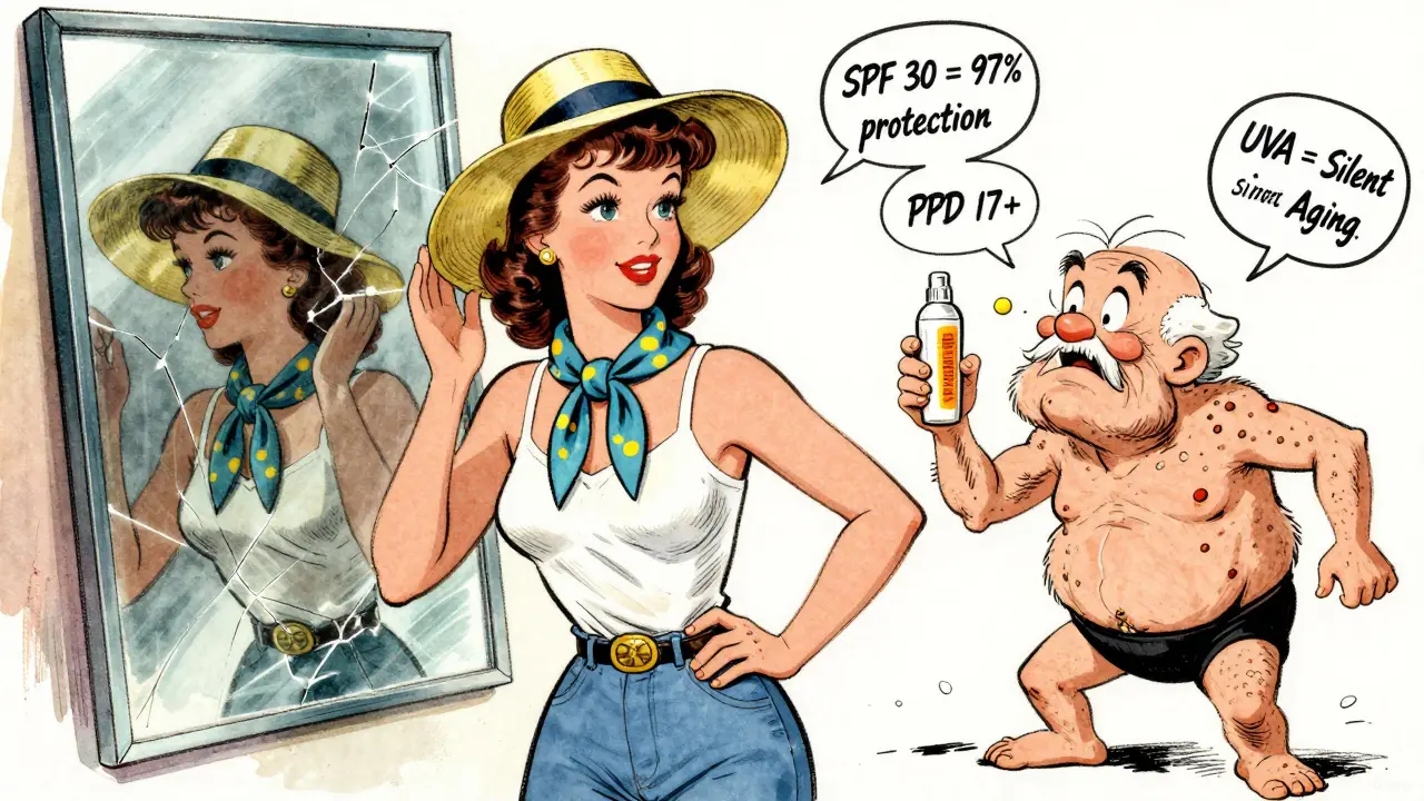 Donna con cappello UPF 50+ accanto a uno specchio che riflette una pelle sana, mentre un uomo con poca crema invecchia rapidamente.