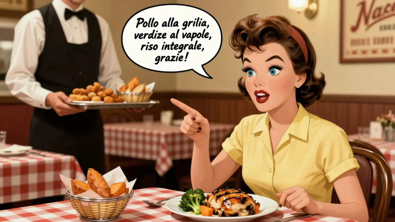 Donna in ristorante italiano ordina pollo e verdure, cameriere con cibi fritti sullo sfondo.