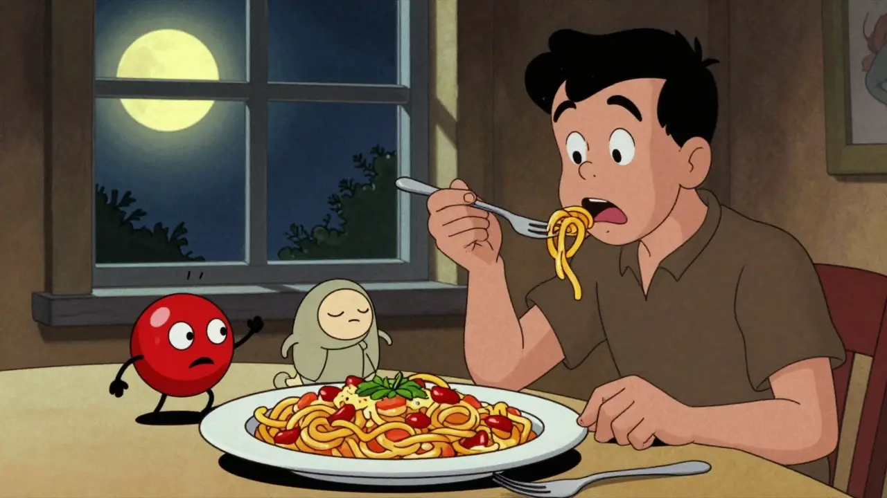 Due personaggi rappresentanti gli ormoni della fame e della sazietà che lottano su un piatto di pasta durante la cena notturna.