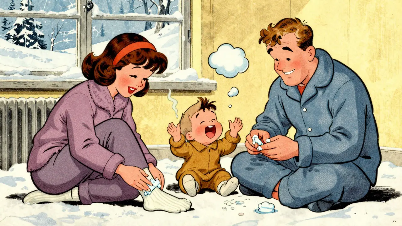 Famiglia in pigiama che applica burro corpo in inverno, pelle che emana vapore di idratazione.