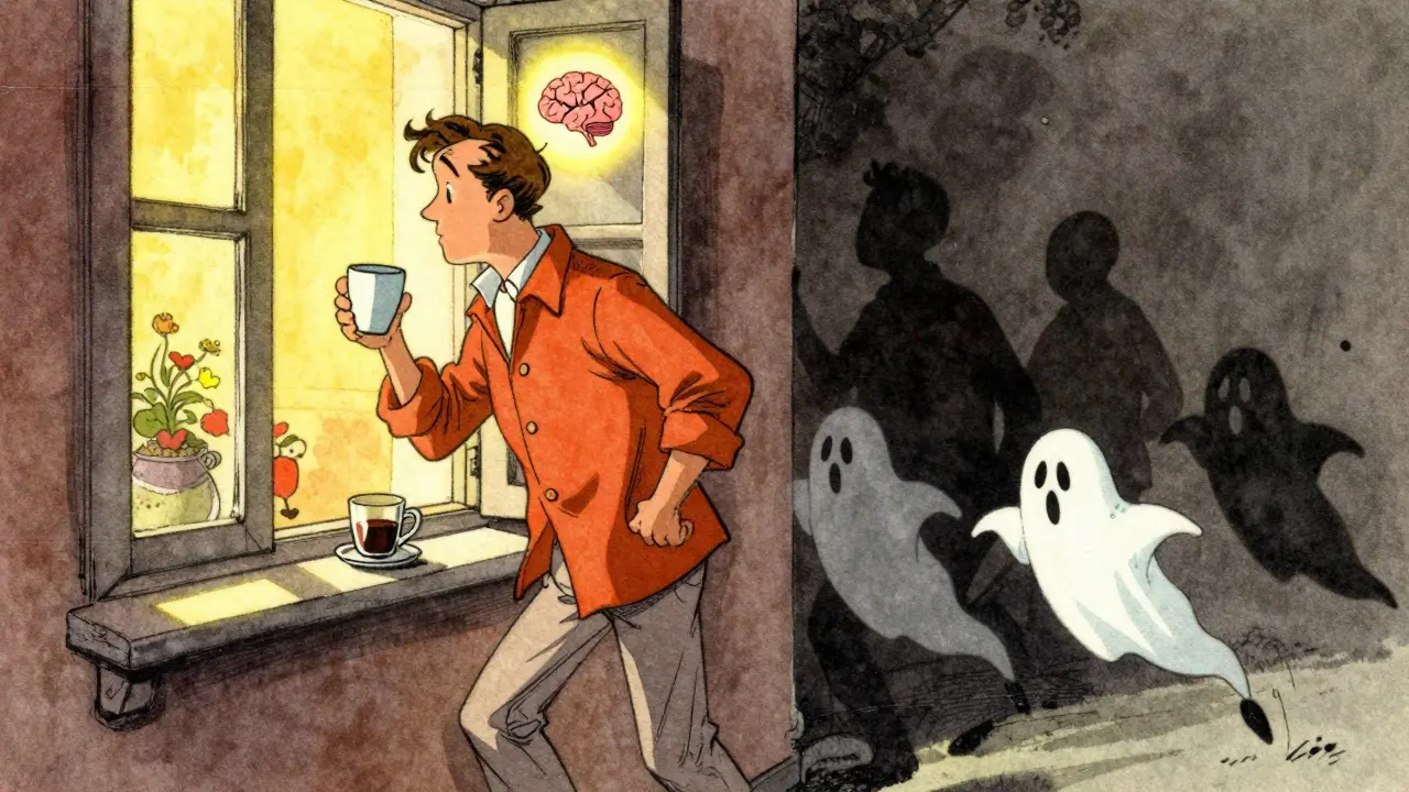 Persona che inizia la giornata con la luce del sole, mentre abitudini negative fuggono nell'oscurità.