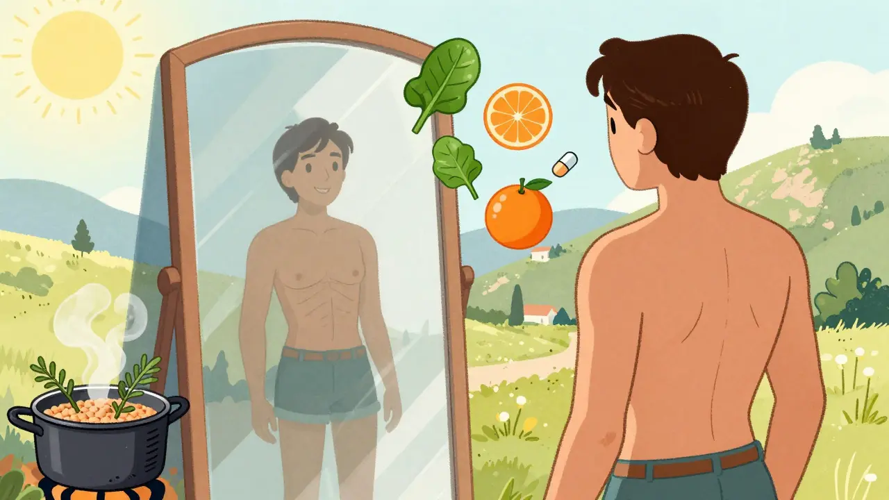 Persona che si guarda allo specchio, riflessione più snella, circondata da cibi sani e integratore B12.