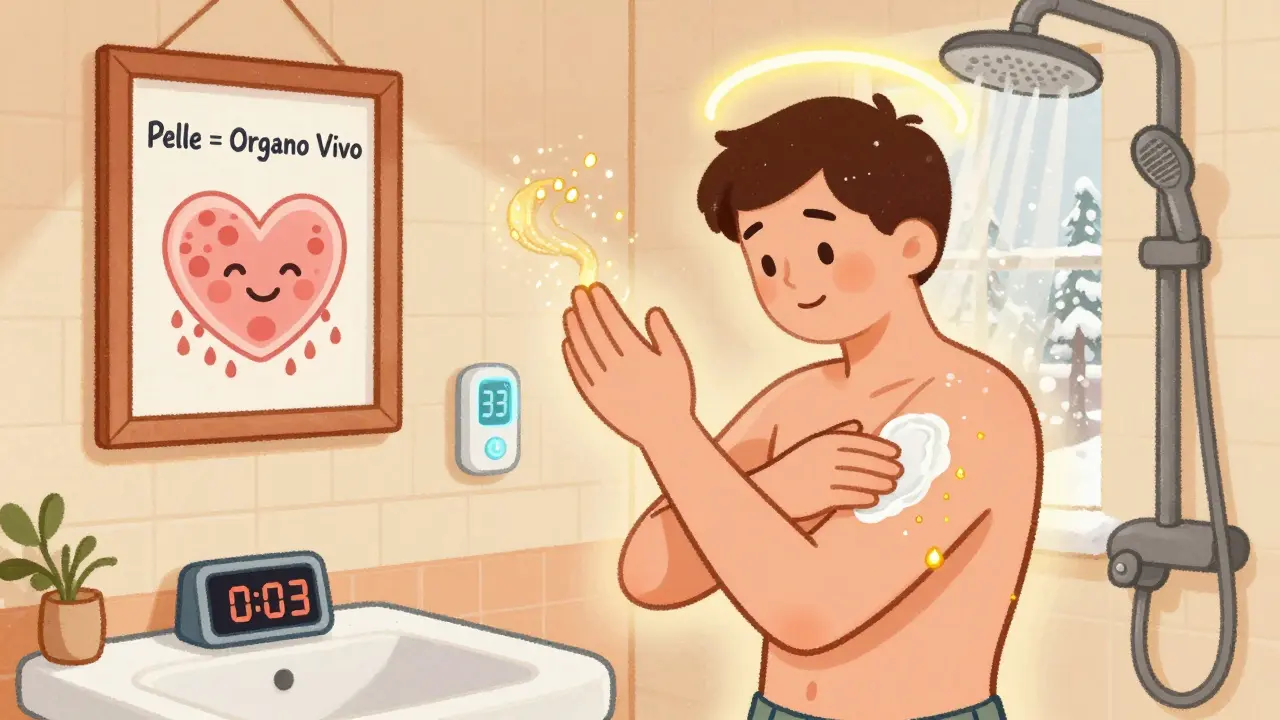 Persona che si idrata subito dopo la doccia, con una luce dorata che sigilla l'umidità sulla pelle.