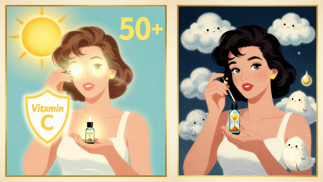 Rutina quotidiana della pelle: mattina con protezione solare e sera con esfoliante, stile poster italiano vintage.