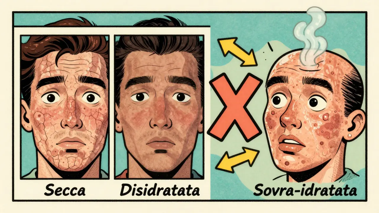 Tre tipi di pelle confrontati: secca, disidratata e sovra-idratata, in stile cartone retro.