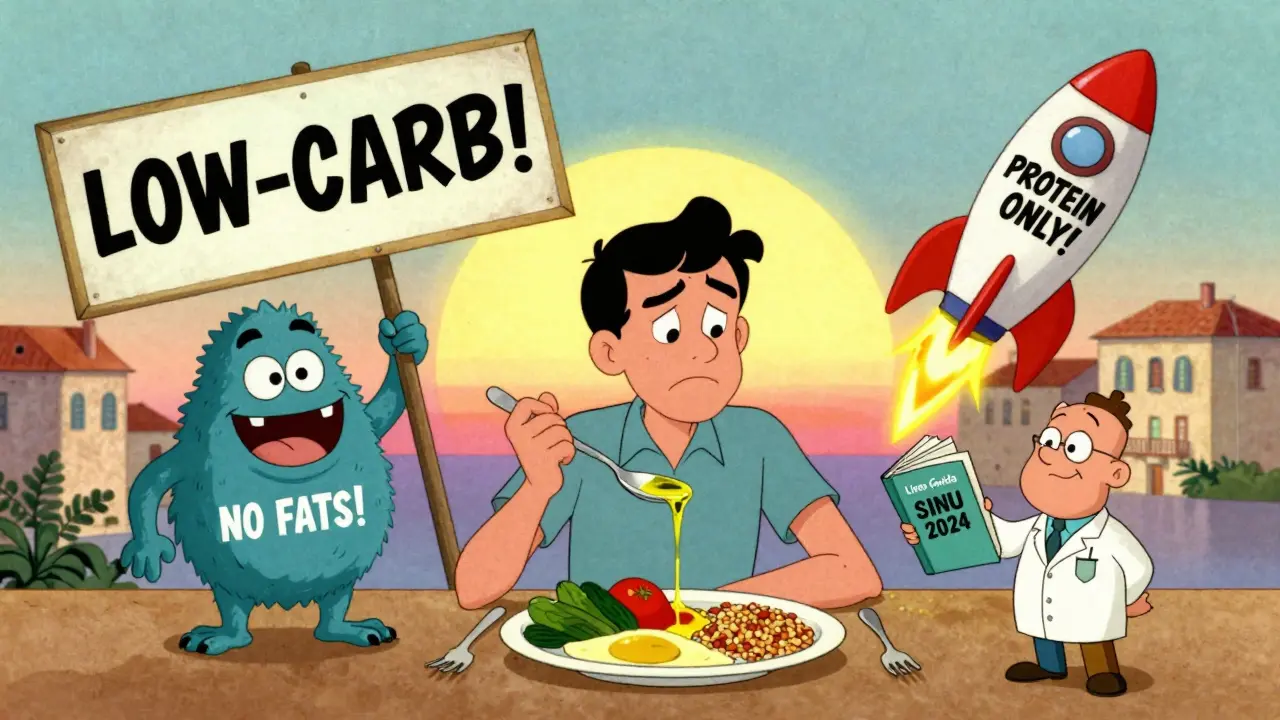 Una persona che rifiuta miti dietetici e sceglie un pasto equilibrato, circondata da caricature assurde.