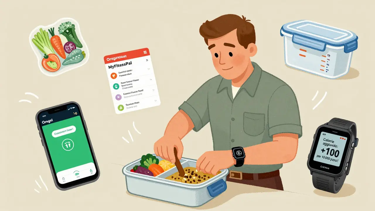 Uomo di mezza età con orologio intelligente che suggerisce calorie, prepara zuppa di lenticchie.