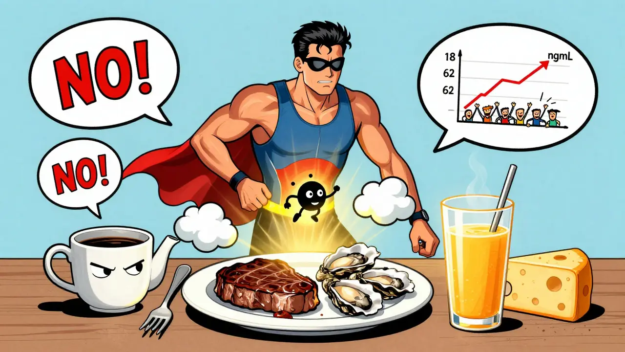 Atleta che mangia bistecca e ostriche al sole, caffè e tè che dicono 'NO!', una molecola di ferro con mantello vola verso l'intestino.