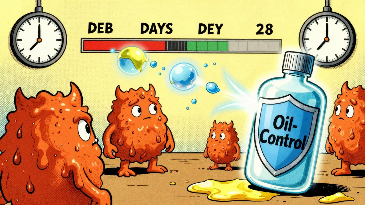Battaglia tra mostri di sebo e un siero che li neutralizza con ingredienti attivi, in stile cartone anni '50.