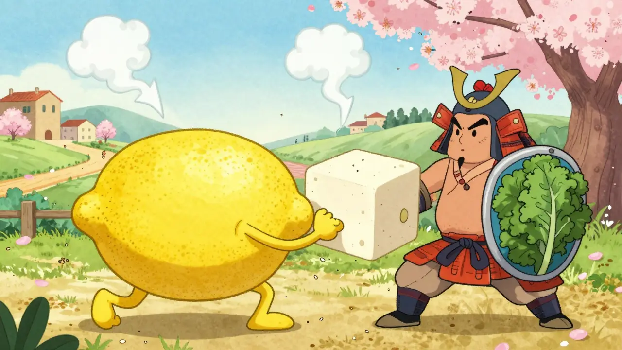 Cartone umoristico di un limone che lotta con un tofu samurai, mentre la quinoa li guarda da una scudo di cavolo.